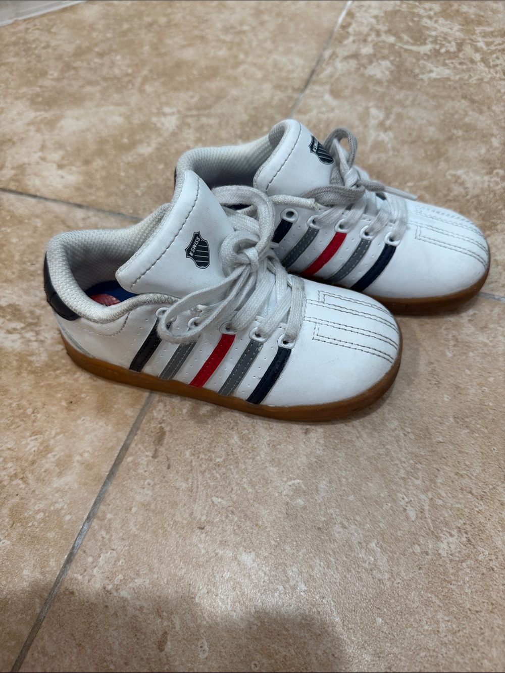 Kids Varsity Sneakers with Red, Navy & Gray Stripes - Shield Logo